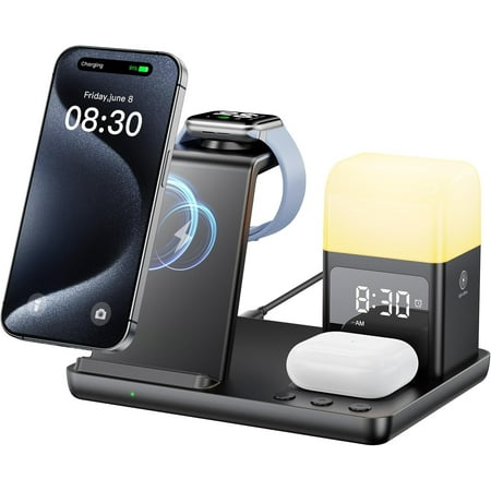 6 in 1 Wireless Charging Station for Apple Charging Station for Multiple Devices with Alarm Clock and Night Light nightstand Charging Station for iPhone 15 14 13 for Apple Watch