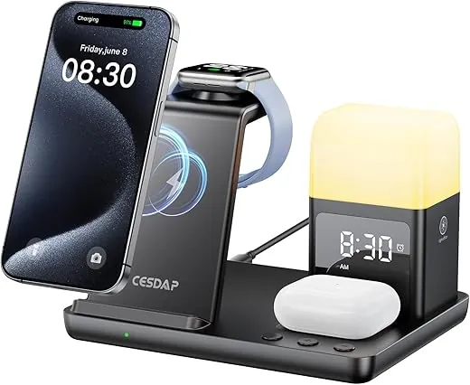 6 in 1 Wireless Charging Station for Apple Charging Station for Multiple Devices with Alarm Clock and Night Light nightstand Charging Station for iPhone 16 15 14 13 for Apple Watch