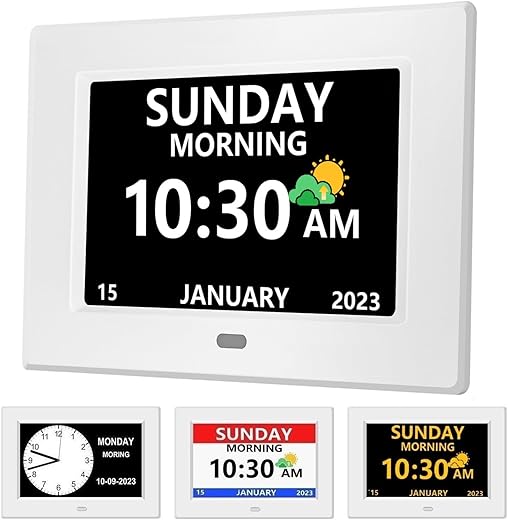 7 Inch Clock with Day and Date for Elderly Large Display Digital Clock12 Alarm 3 Medicine Reminders Large Font Dementia Clock Alarm Clock for Seniors Day Clock White