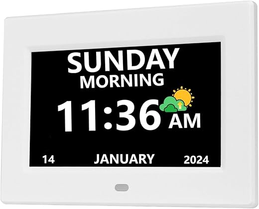 7 Inch Digital Clock with Day and Date for Elderly Alzheimer's Dementia Clock Customizable Alarms and Medicine Reminders 3 Display Modes Large Font Digital Alarm Clock for Seniors White