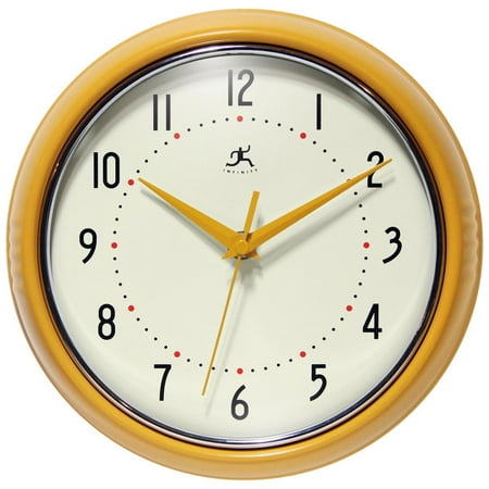 9.5 in Round Wall Clock, Yellow Finish Case, Glass Lens, Second Hand, Silent Movement