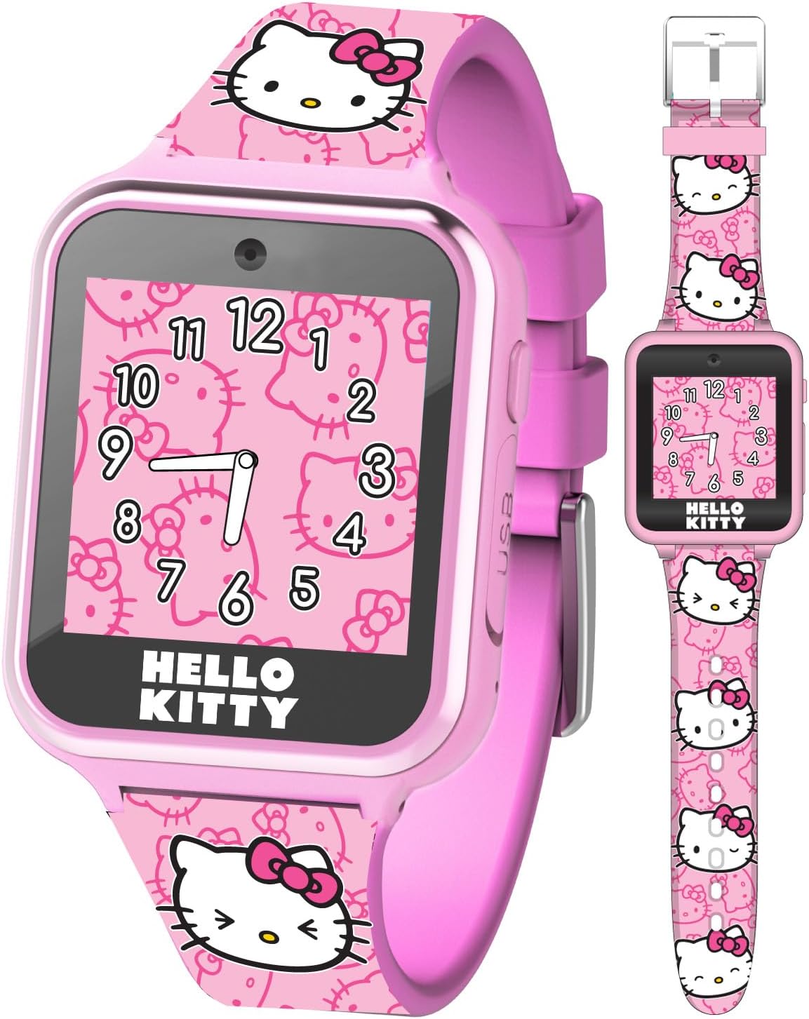 Accutime Hello Kitty Pink Educational Learning Touchscreen Kids Smart Watch - Toy for Girls, Boys, Toddlers - Selfie Cam, Learning Games, Alarm, Calculator (Model: HK4185)