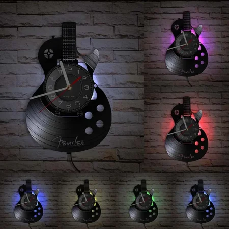 Acoustic Guitar Wall Art Wall Clock Musical Instrument Home Interior Wall Decor Vinyl Record Clock Rock N Roll Musical Gift (With LED10)