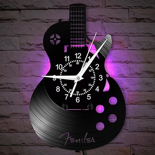 Acoustic Guitar Wall Clock, 12 Inch 7 Kinds of LED Color Music Instrument Wall Clock Silent Quartz Non Ticking, Modern Decorative Night Light Vinyl Record Wall Clock Watch for Music Room