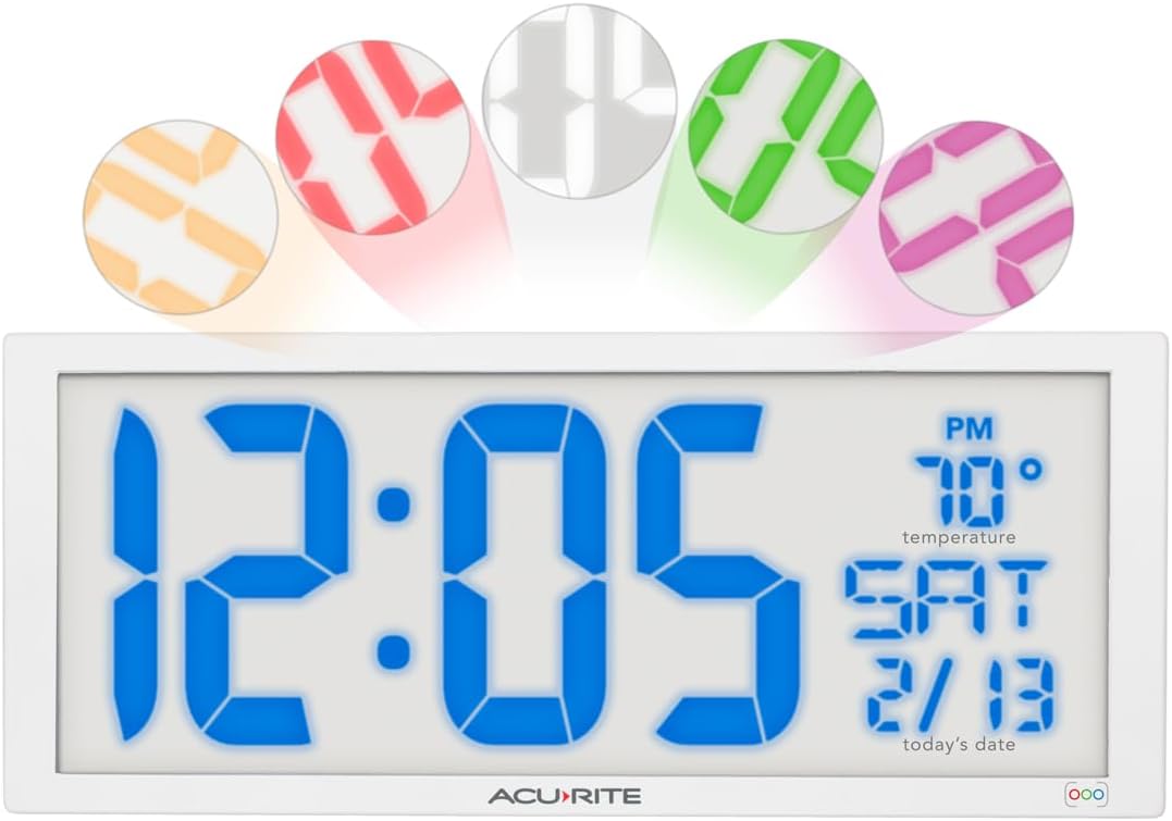 AcuRite 14.5" Oversized, Multicolor LED Clock with Indoor Temperature, Day of the Week, and Date (75160M)