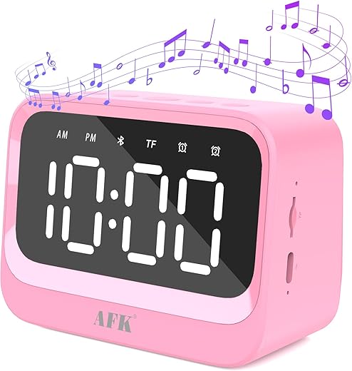 AFK Alarm Clock with Bluetooth Speaker for Bedroom,Loud Digital Clock for Heavy Sleepers Adults, Desk Clocks with Dual Alarms,Large Number,Dimmable,Snooze for Teens Boys Girls,Pink