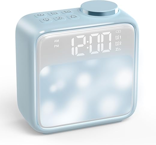 AIRIVO Alarm Clock Night Lights, Rechargeable Alarm Clock for Bedrooms, 6 Scenes & White Noise Sync, Dual Alarms & Snooze, for Heavy Sleepers, Gifts for Kids Teens (Blue)