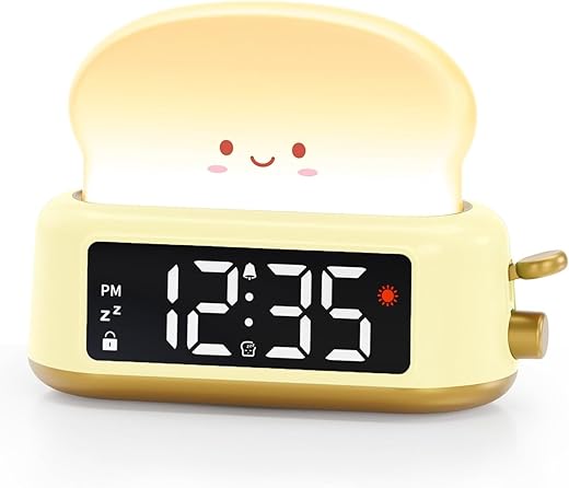 Alarm Clock for Kids, Digital Alarm Clock for Bedrooms with Toast Night Light, Nap Timer, Snooze, Adjustable Brightness, Bedside Clock for Kids Girls Boys Teens Bedroom Decor