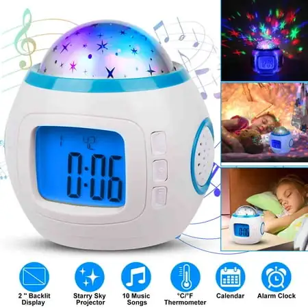 Alarm Clock Projector, iMountek Starry Sky Night Light Star Projection Clock, Music Digital Alarm Clock with LED Backlight Thermometer Gift for Kids Baby Children