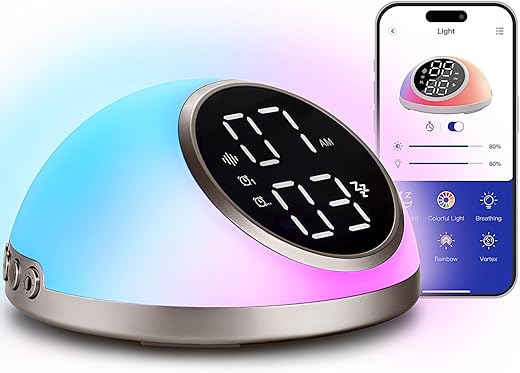 Alarm Clocks Bedrooms Sleep Sounds, Digital Dual Alarm Clock Bedroom, Bedside Alarm Clock Adjustable Brightness Button/App Control Night Light White Noises 12/24H Up to 10 Alarms, Silver