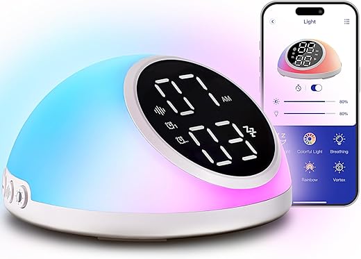 Alarm Clocks Bedrooms Sleep Sounds, Digital Dual Alarm Clock Bedroom, Bedside Alarm Clock Adjustable Brightness Button/App Control Night Light White Noises 12/24H Up to 10 Alarms, White