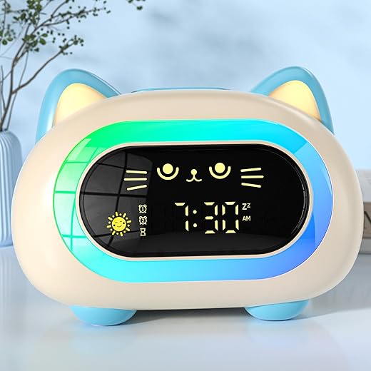 Alarm Clocks for Bedrooms, Kids Alarm Clock with Dual Alarm Snooze Mode 10 Color Night Light Sleep Training Eye Protection Auto Off Timer Blue Cat, Gift for Kids, Adults, Teens