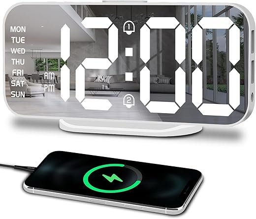 Alarm Clocks for Bedrooms, Slim LED Mirror Digital Alarm Clock, Large Display with Diming Mode, Dual Alarms & USB Ports, 4 Levels Brightness, Desk Clock for Office Home Bedroom Living Room Decor