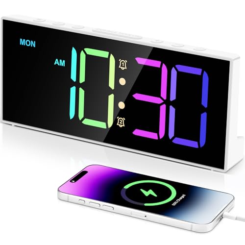 Alarm Clock with Large Display Big Numbers,5 Levels Brightness，Snooze,USB Charging Port,LED and Mirror Desk Clock,Dual Alarms Modern Electronic Clock for Bedroom Home Living Room Office. (White)