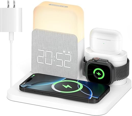 Alarm Clock with Wireless Charger for Bedrooms, 7 in 1 Wireless Charging Station, Mag-Safe Charger with Night Light Bedside Clock for iPhone 16 15 14 13 12 Pro Max, Apple Watch, AirPods