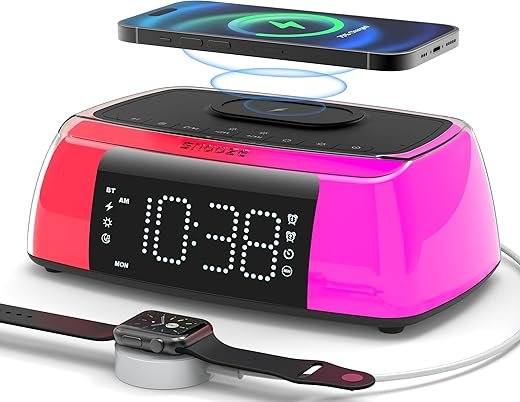 Alarm Clock with Wireless Charging, Digital Loud Alarm Clock with Sound Machine, Night Light, Bluetooth Speaker, Dimmable Bedside Clock Charger Station for iPhones Heavy Sleepers Adults Teens Bedrooms