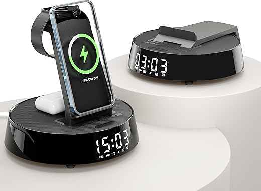 Alarm Clock with Wireless Charging Station, Clock for Bedroom with Dimmable Night Light Bluetooth Speaker, Wireless Charger Dock Station for iPhone 16 15 14 13 12 11 Pro Max, Apple Watch, AirPods 3