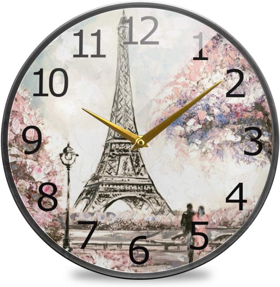 ALAZA Street Cherry Blossom Paris Eiffel Tower Oil Painting Art Acrylic Silent Non-Ticking Round Wall Clock, 12 Inch Battery Operated Quiet Bathroom Clock for Living Room Bedroom Kitchen Decor