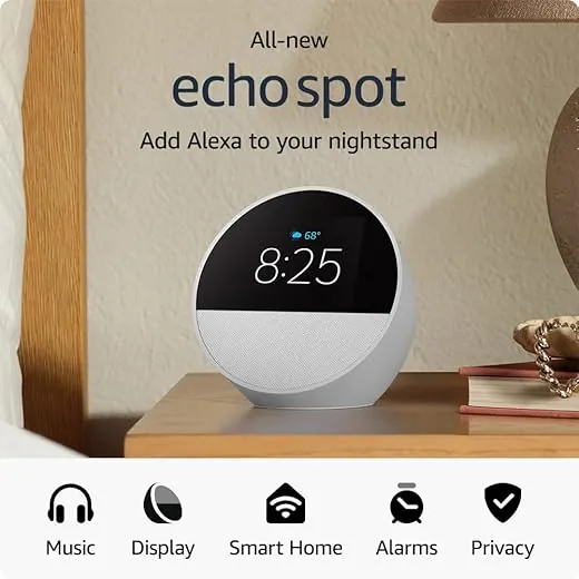 All-new Amazon Echo Spot (2024 release), Great for nightstands, offices and kitchens, Smart alarm clock with Alexa, Glacier White