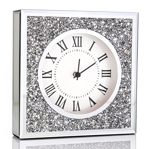 ALLARTONLY Desk Clock Wall Clock 8x8x2Inch Crushed Diamond Mirrored Clock Table Top Decorative Clock for Home Decoration. AA Battery not Included