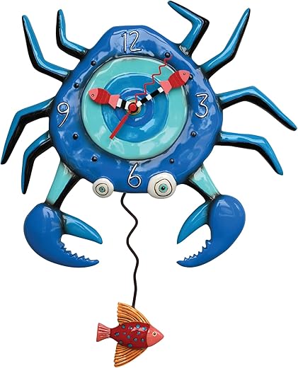 Allen Designs Enesco Crab with Big Claws and Fish Sculpted Pendulum Wall Clock, 14.25 Inch, Blue