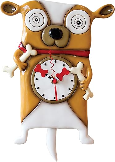 Allen Designs Enesco Roofus The Dog Holding Bones Sculpted Pendulum Wall Clock, 12 Inch, Multicolor