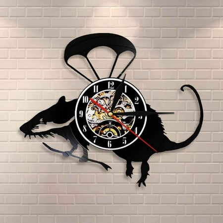 Amblelife Banksy Rat Wall Art Flying Helicopter Rat Vinyl Record Wall Clock Cute Paratrooper Mouse Decorative Wall Watch Home Decor Clock