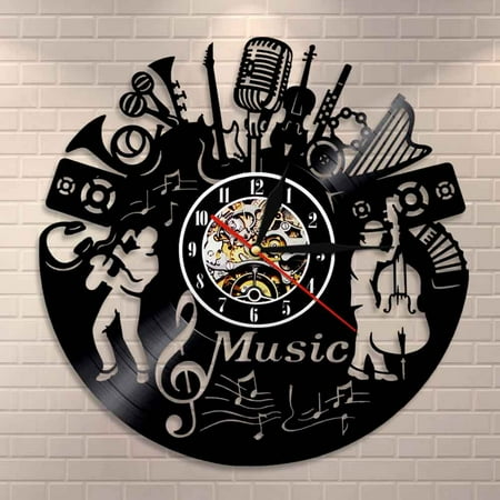 Amblelife Music Band Silhouette Musical Instruments Wall Decor Musicians Wall Clock Jazz Music Group Vintage Vinyl Record Music Wall Clock