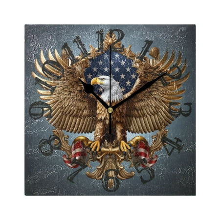 American Flag Eagle Wall Clock Square Silent Non Ticking Battery Operated Clock for Home Bathroom Kitchen Bedroom Living Room