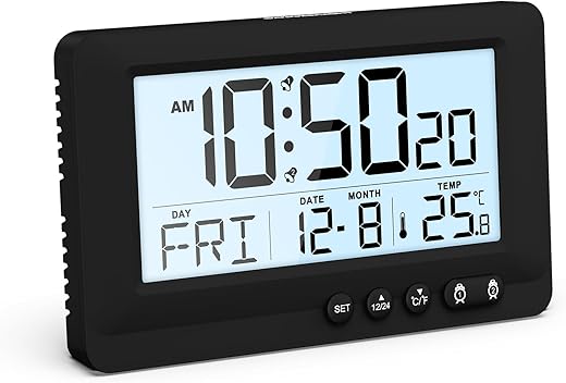 AMIR Travel Alarm Clock, LCD Display Digital Clock, 5-Minute Snooze, 5-Second Backlight, 2 Alarms, Low Battery Alert, Alarm Clock for Bedroom,Office,Travel (Batteries Not Included)