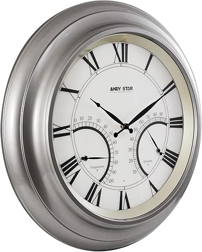 ANDY STAR 24 Inch Outdoor Clocks Waterproof,Large Outdoor Wall Clocks for Garden Patio Pool, Weatherproof Illuminated Metal Clock Battery Operated with Thermometer&Hygrometer, Silver Non Ticking