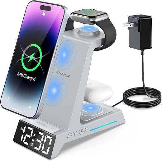 ANJANK Wireless Charger- 4 in 1 Alarm Clock Charging Station, Charging Dock for iPhone 16 15 14 13 12 11 Pro Max XR XS 8 Plus, for Apple Watch 9 8 7 6 5 4 3 2 SE, for AirPods, Not for Samsung Watch