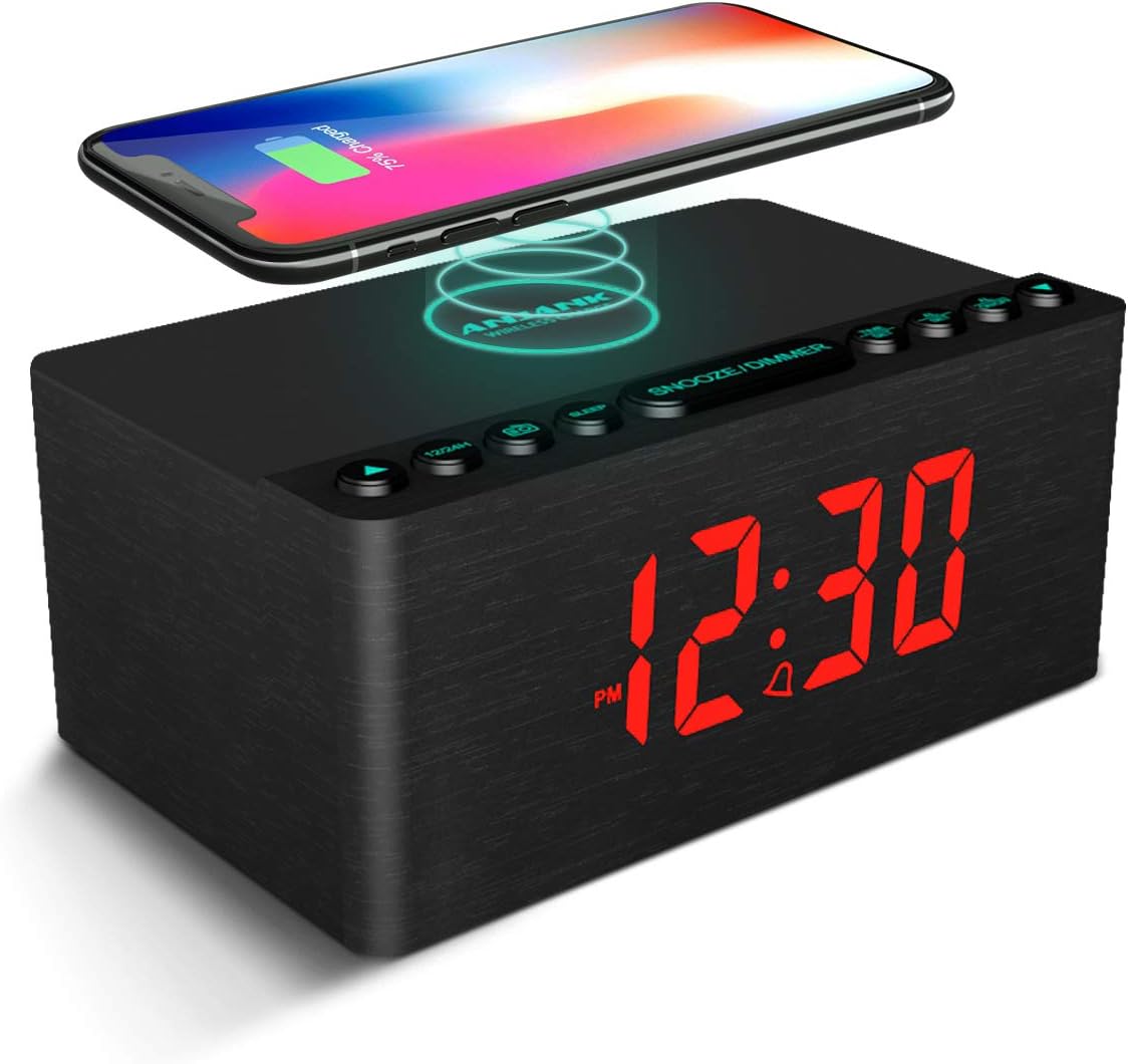 ANJANK Wooden Digital Alarm Clock FM Radio,Fast Wireless Charger Station for iPhone/Samsung,Dimmable LED Display,USB Charging Port,Sleep Timer,Wood Modern Clock for Bedroom Bedside(Black)