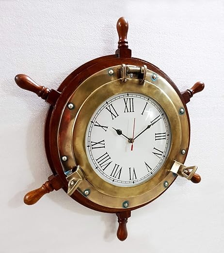 Antique Marine 18 Wooden Ship Wheel Porthole Vintage Clock Nautical Wall Clock Home Decor