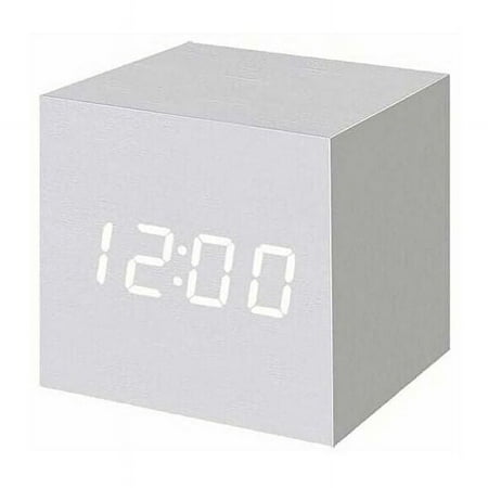 Apuakthei Wooden LED Digital Alarm Clock, Digital Cube Clock with Date and Temperature Display, USB/Battery Plug (White)