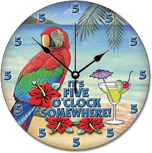 ArogGeld 5 O'Clock Somewhere Clock Parrot Beach 12 Inch Large Wall Clocks Battery Operated Silent Modern Boho Retirement Living Room Decor Gift for Man Woman Friend Anniversary Clock