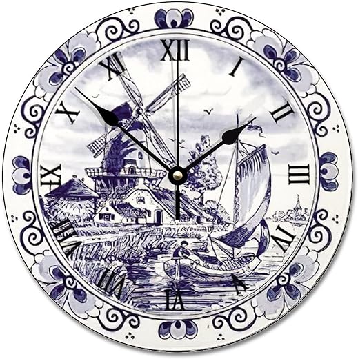 ArogGeld Dutch Windmill Sailboat Wall Clock 10 Inch Delft Blue Battery Operated Non-Ticking Vintage Farmhouse Wood Large for Living Room Kitchen Bedroom Decor, Multicolor, qx55hpme89lk