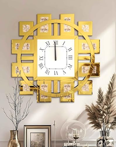 Artloge Crushed Diamond Wall Clock: Decorative 24 inch Round Mirrored Clock with Beveled Glass Mirror Edge Frame and Bling Diamonds, Art Deco Home Modern Decoration for Livingroom, Golden