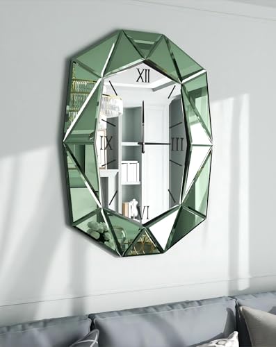 Artloge Mirrored Wall Clock Decorative: Large Oval Diamond Shape Silver Vanity with Green Glass Mirror Beveled Frame Edge 40x28 inch Modern Home Art Deco for Living Room Dining Room