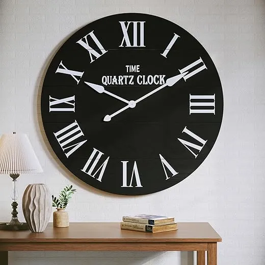 ARTPOWER Large Wall Clock 35.5” Shiplap Wall Clock with Roman Numeral, Nearly Non-Ticking, Round Wall Clocks for Living Room Decor, Office, Bedroom, Entrance, Black