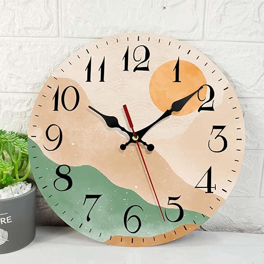 ArtSocket Wooden Wall Clock Silent Non-Ticking, Boho Mid Century Sun Mountain Modern Orange Green Round Rustic Wall Clocks Decor for Home Kitchen Living Room Office, Battery Operated(12 Inch)