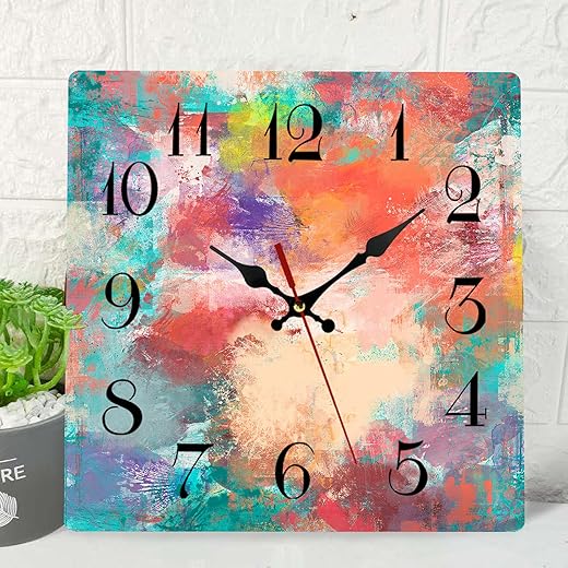 ArtSocket Wooden Wall Clock Silent Non-Ticking, Red Blue Purple Teal Mixed Rendering Abstract Wooden Square Rustic Wall Clocks Decor for Home Kitchen Living Room Office, Battery Operated(12 Inch)