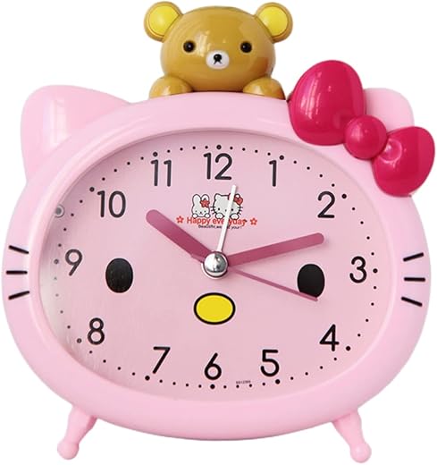 ASTERO Cat Appearance Alarm Clock,Kawaii Alarm Clock，Cartoon Cat Clock, Cute Clock, Bedside Sweeping, Silent, Student, Boy, Girl, Beep, Beep, Cute Alarm Clocks for Kids (Pink)