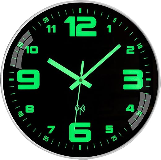 Atomic Glow in The Dark Wall Clock Silent Non Ticking Battery Operated Analog Sets Automatically Easy to Read Digital Light Up Modern Design 12" Black for Living Room Bedroom Kitchen Bathroom