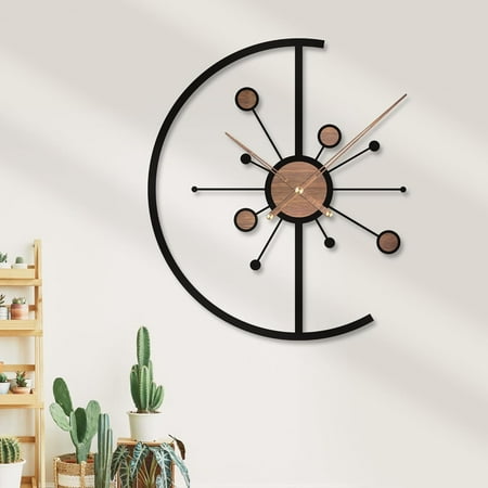 Atomic Mid Century Modern Wooden Silent Wall Clock Starburst Large Minimalist Rustic Black Metal Wood Home Decor Farmhouse Kitchen Office Bedroom Living Room Decorative Housewarming Gift (34 inches)