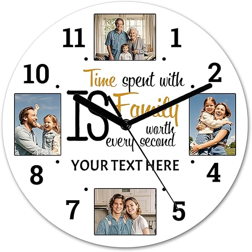 AuduE Custom Photo Wall Clock Family Quote Wood Wall Clock Time Spent with Family Wall Clock 4 Photo Collage Rustic Farmhouse Wall Clock for Living Room Bedroom Kitchen 11.6 Inch, Modern