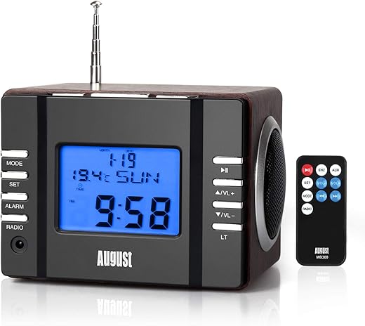 August MB300 Mini Wooden MP3 Stereo System and FM Clock Radio, with Card Reader, USB Port & AUX Jack (3.5mm Audio in), 2 x 3W Powerful Hi-Fi Speakers and Built-in Rechargeable Battery (Dark Wood)