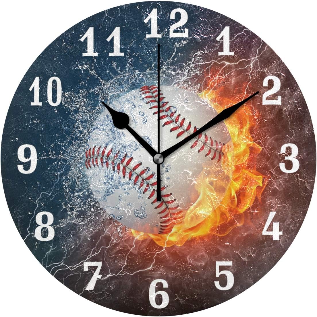 AUUXVA Wall Clock Sport Baseball in Fire Water, Silent Non Ticking Clock for Kitchen Living Room Bedroom Home Artwork Gift