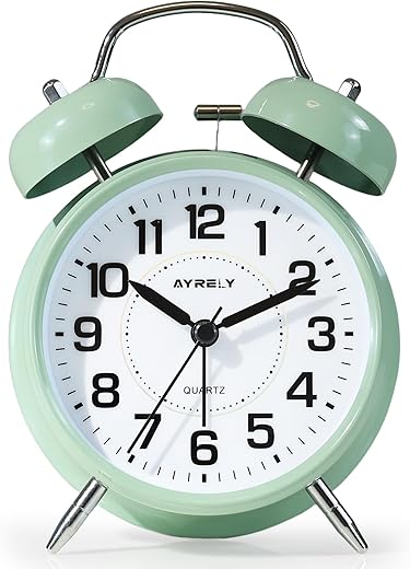 AYRELY® Super Loud Twin Bell Alarm Clock for Heavy Sleepers, 4-Inch Silent Non-Ticking Quartz with Backlight, Metal Cute Clock for Kids' Rooms (Saga Green)