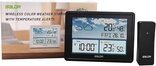 BALDR Home Weather Station & Indoor Outdoor Thermometer with Wireless Remote Sensor, Atomic Alarm Clock, Calendar, Humidity Monitor,& Weather Forecast & Digital Weather Station in LCD Display (Black)